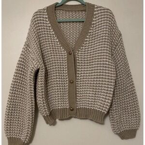 New‎ Cardigan Sweater L Classy Taupe White Gold Time Buttons Large